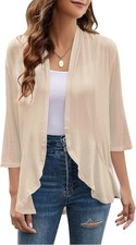 Women s 3/4 Sleeve Cardigan Open Front Lightweight Knit Shrug Draped Ruffle Tops
