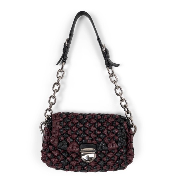 73457 echt PRADA burgunderrot schwarz Leder 2010 STRICK KLAPPE Schultertasche