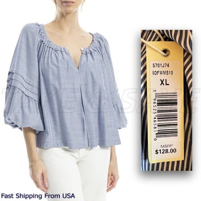 MAX STUDIO Women's  Blue stripes Tiered  Balloon Sleeve TOP Blouse Size XL NEW