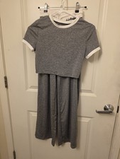 Women s Gray 2-Piece Knit Set S: Short Sleeve Crew Neck Top Wide-Leg Pants