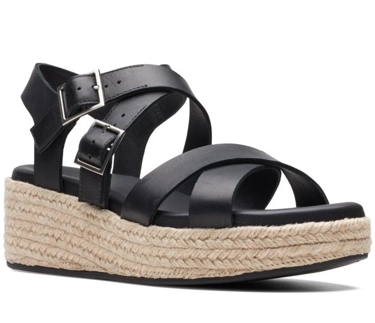 Sandali donna Clarks KIMMEI fibbia pelle nera con zeppa taglia UK 8 D EUR 42