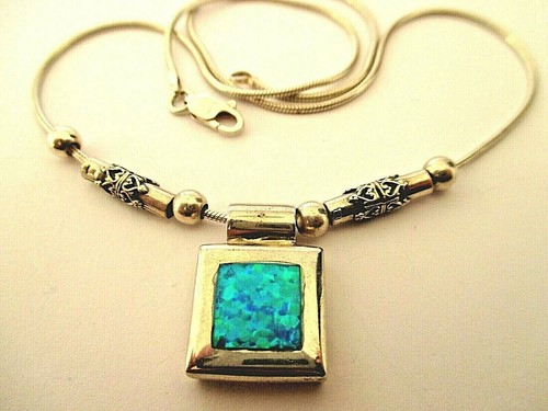 ANTIQUE HANDMADE .925 SILVER BLUE OPAL, PENDANT WITH ORIGINAL CHAIN 20' #87 - Bild 1 von 9