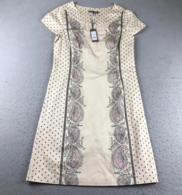 Laura Ashley Dress Womens 12 Ivory Paisley Side Seam Zip A-Lined Cap Sleeves NWT