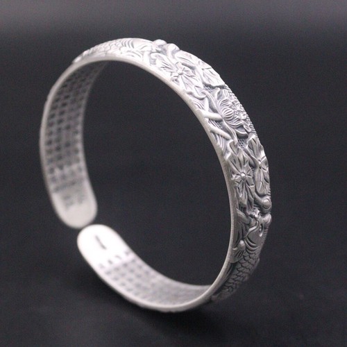 Brazalete brazalete de plata pura S999 para mujer con flores en relieve de 2,3-2,4 pulgadas - Imagen 3 de 5