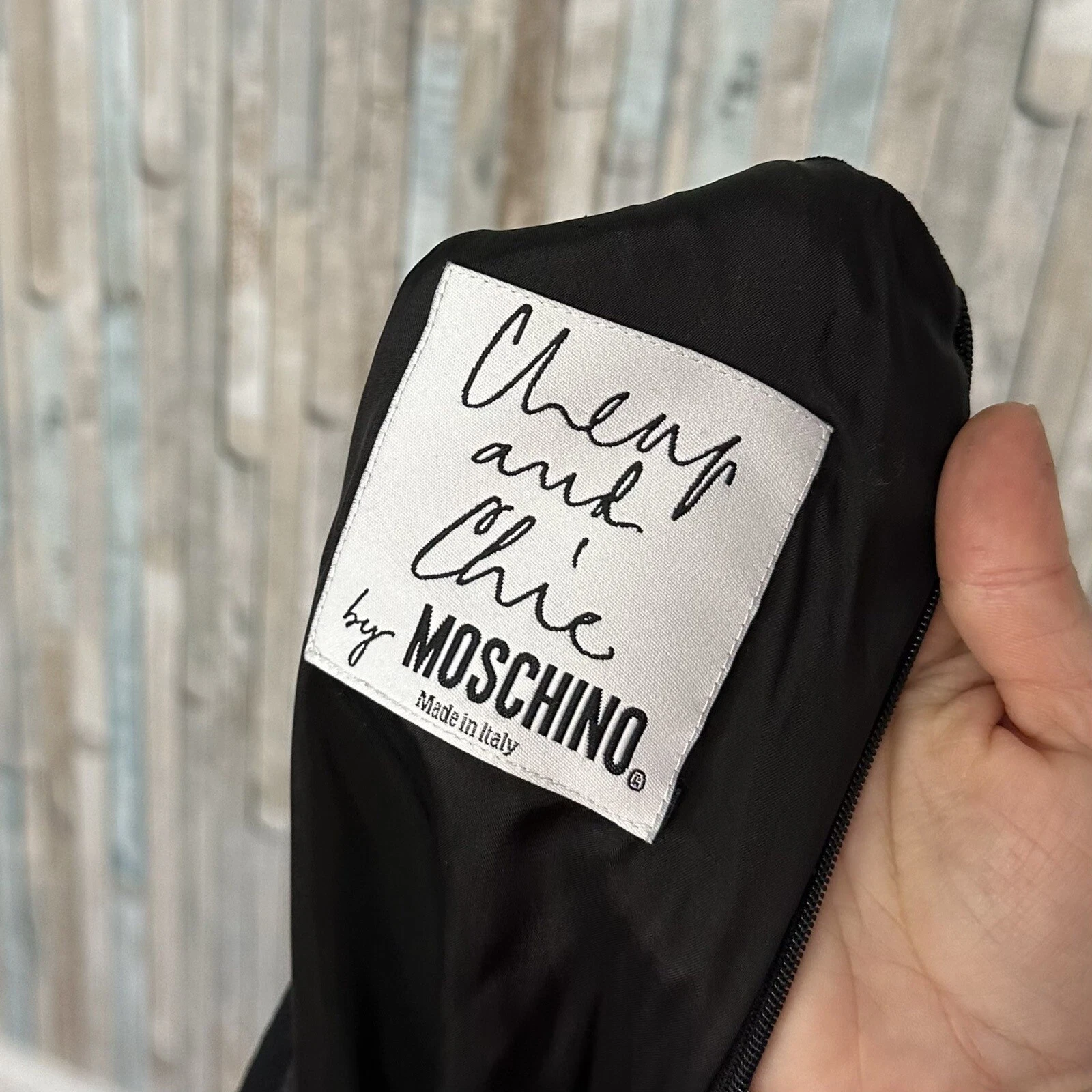 Abito Moschino Cheap Chic XS 90 Vintage Nero Shift Fiore Applicato Lana Crepe