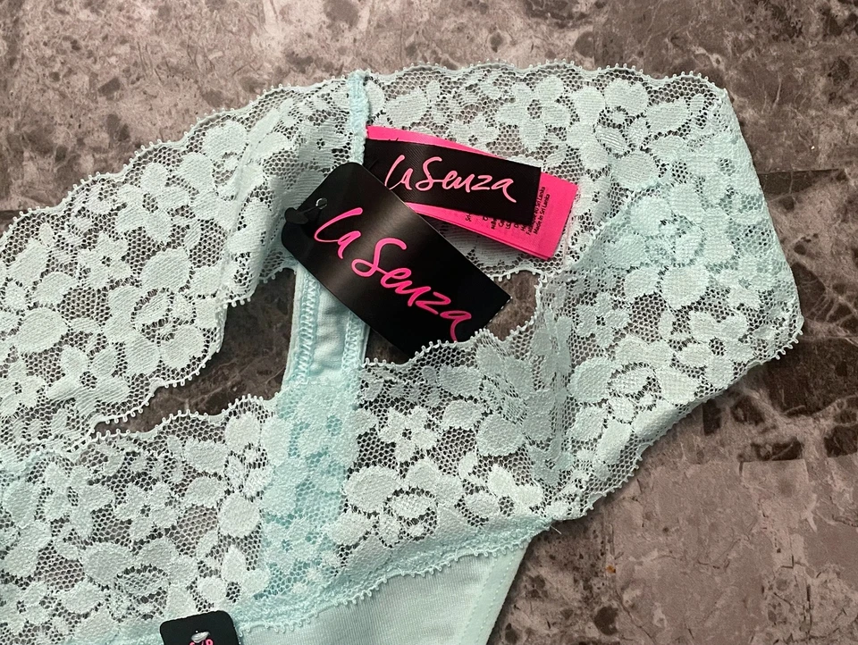 NWT LA SENZA SMALL AQUA GREEN COTTON BLEND FLORAL LACE BAND THONG PANTIES - Image 2 of 3