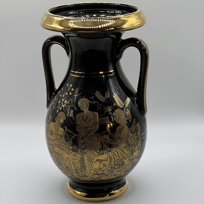 🏺VINTAGE FAKIOLAS 7 Inch Amphora Vase Black & 24K Gold~Handmade
