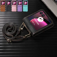 For Motorola Razr/Razr+ 2024 Luxury Leather Card Wallet Crossbody Strap Case 