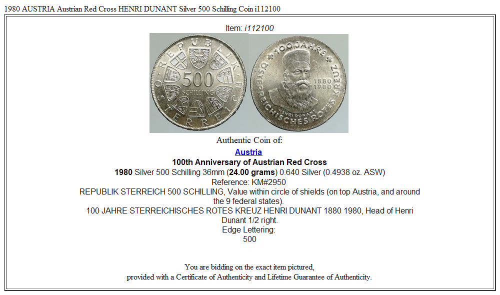 1980 AUSTRIA Austrian Red Cross HENRI DUNANT Silver 500 Schilling