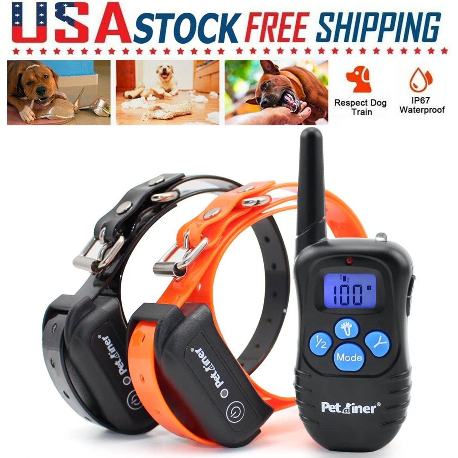 2Pcs Dog Shock Training Collar Rechargeable with LCD Remote Waterproof ...
