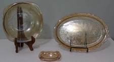 Jeannette Depression Glass Floragold Lot Oval Platter , Serving Bowl, & Ashtray