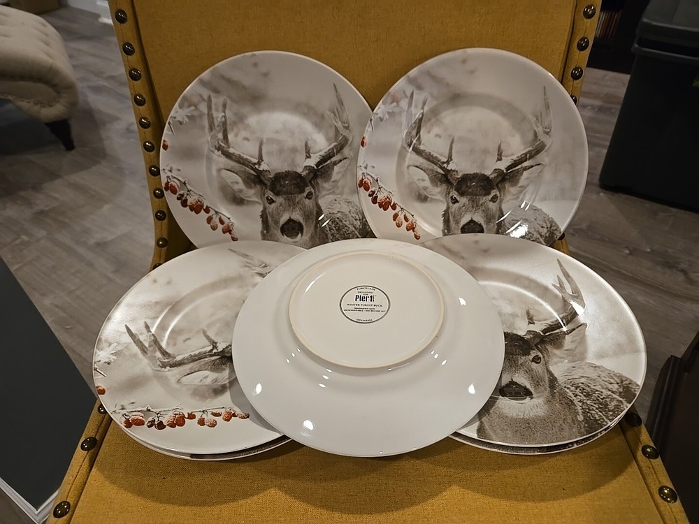 Pier 1 WINTER FOREST BUCK Salad Plates.  Christmas Deer 8 5/8
