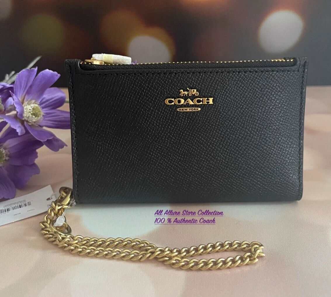 NWT COACH ZIP CHAIN WALLET CARD CASE IN LEATHER C2644 Black