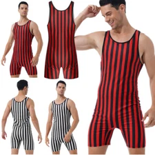 Men Muscle Top Wrestling Singlet Striped Jumpsuit Bodysuit Fitness Activewear