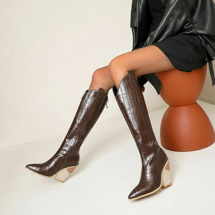 Mujeres Denim Botas Hasta la Rodilla Retro Tacón de Cuña Punta Cremallera Bota Larga Punk Zapato Foto 2 de 4