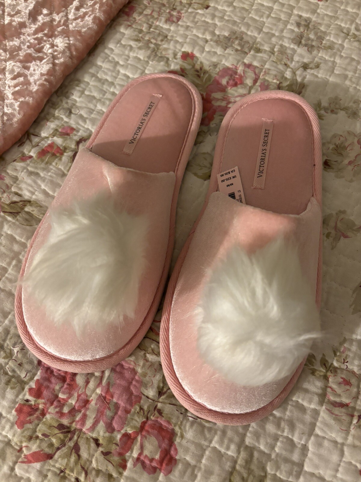 SAOLA Victoria’s Secret PANTOFOLE IN VELLUTO ROSA pom pom donna taglia media suola gomma