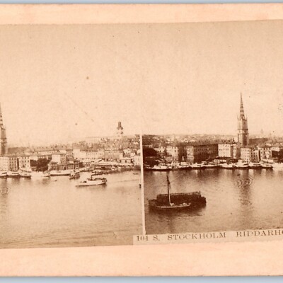 c1890s Stockholm, Sweden Stereo Real Photo Riddarholmen Fran Sode Card V21