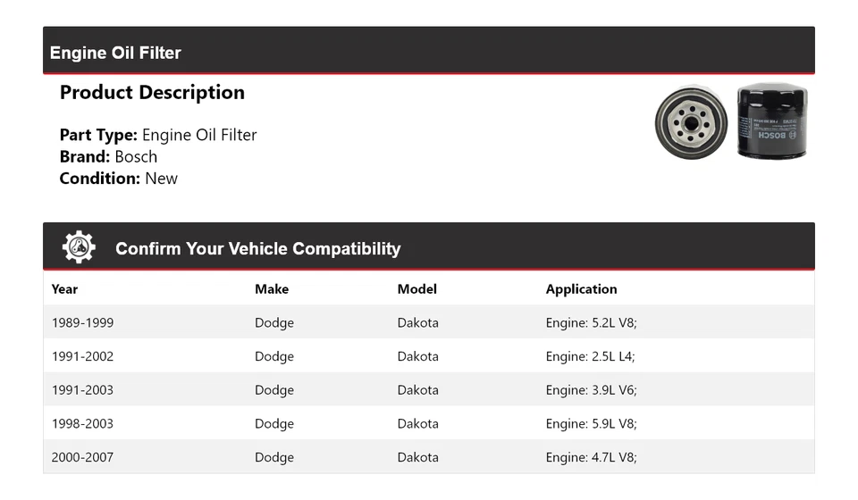 Filtro de aceite de motor para Dodge Dakota Bosch 1989-2007 1990 1991 1992 1993 1994 1995 Foto 2 de 3