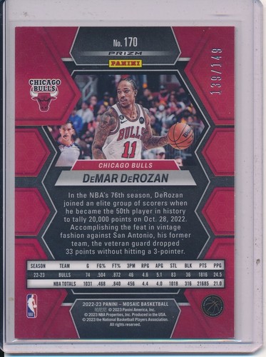 DEMAR DEROZAN 2022-23 PANINI MOSAIC PINK MOSAIC PRIZMS 139/149 - Picture 2 of 2