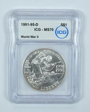 1991-95-D World War II Commemorative Silver Dollar MS70 ICG