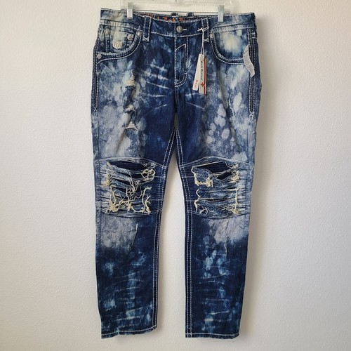 Rock Revival Nikola Distressed Biker Denim Jeans Size 38x34 Blue - Picture 2 of 5