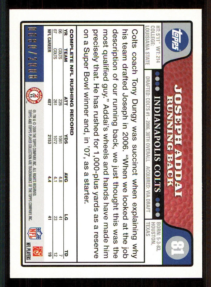 2008 Topps Gold Border #81 Joseph Addai /2008 - Image 2 of 2