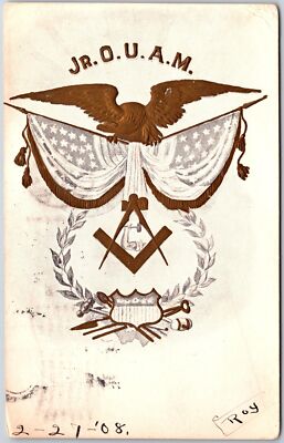 1908 Jr. O.U.A.M Embossed American Fraternal Logo Posted Postcard