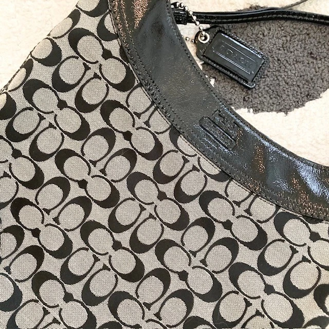 Coach Logo Denim Patent Leather Gray Black 12568 Zip Crossbody Hobo Bag Purse - Image 3 of 4