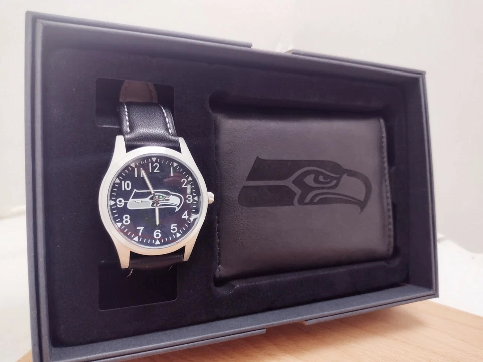 Подарочный набор Seattle Seahawks NFL черные часы и бумажник - бесплатная доставка - Изображение 3 из 4