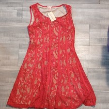 Candalite Womens Red Floral Lace Fit & Flare Scoop Neck Lined Knee Dress M