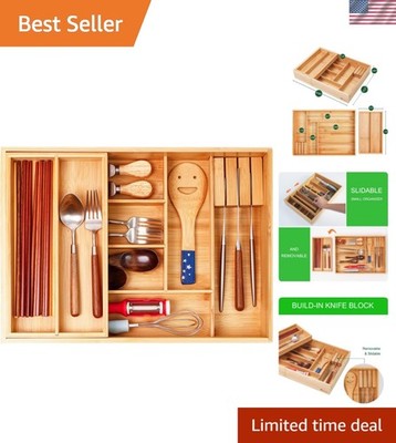 Double Layer Bamboo Kitchen Drawer Organizer Cutlery Utensil Silverware Drawe...