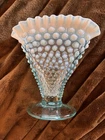 Fenton Blue Vase Art Glass Opalescent Hobnail Fan Ruffled Edge Vintage 6" x 6"
