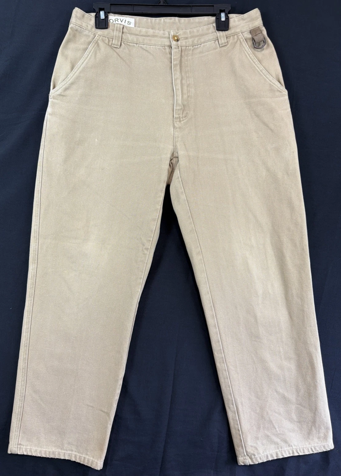 ORVIS Mens 32 X 30 Rhinohide Duck Canvas Pants Tan Khaki Leather Trim VTG
