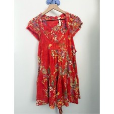Free People Med Maia Mini Dress Red Gauze Floral Resort Front Wrap Tie Tropical