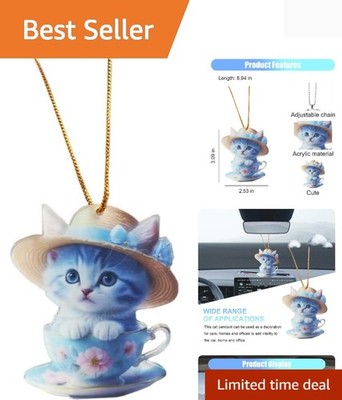 Cute Cat Car Hanging Ornament, 2D Flat Acrylic Car Rearview Mirror Charm, Chr...