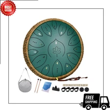 Steel Tongue Drum 13" 15-Note Handpan with Mallets, Songbook & Carry Bag, Green