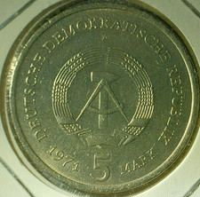 WORLD COIN SALE--1971-A  GERMANY  GDR 5 MARK-COPPER/ZINC/NICKEL COMP. COIN-KM#29