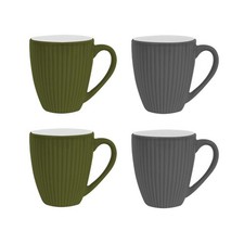 Coffee Mug Set Stoneware 4pc 360ml Cups Green Grey Ribbed Mugs Tea Hot Beverages