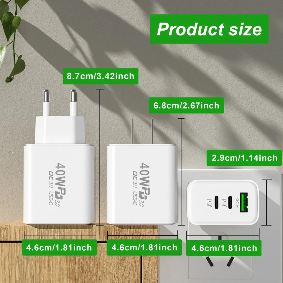 3-fach Schnellladegerät 40W Netzteil 2x USB-C + 1x USB Charger Mehrfach Stecker - Bild 4 von 4