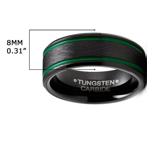 Men's Tungsten Black Brushed Wedding Band Engagement Ring Green 8MM Comfort-Fit - Picture 3 of 5