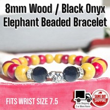 Red  Beige Wood Onyx Elephant Design 8mm Beaded Bracelet Wrist Size 7.5