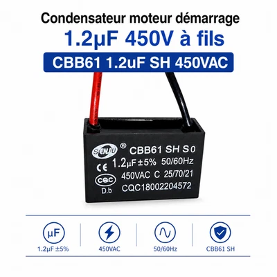 Condensateur moteur démarrage 1.2µF 450V à fils CBB61 1.2uF SH 450VAC - Photo 1/4