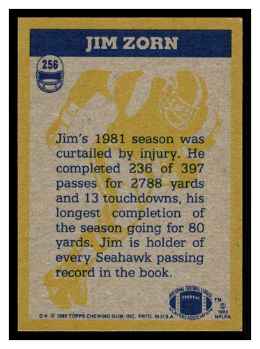 Jim Zorn #256 1982 Topps Seattle Seahawks - Picture 2 of 2