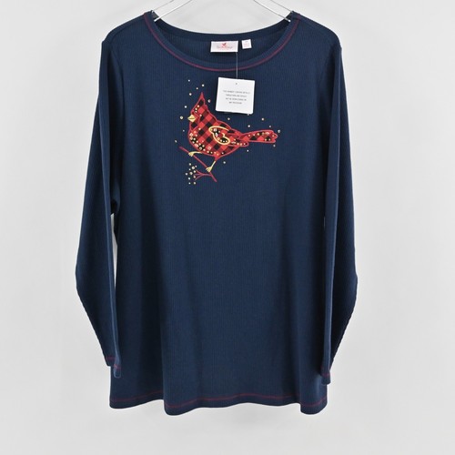 Quacker Factory Damen Waffel Strick Top Größe 2X Karomo Motiv Kardinal Urlaub NEU