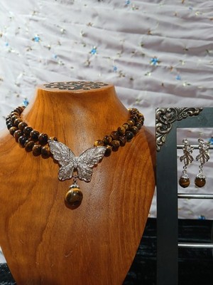 Black Onyx & Silver Butterfly w/tigers eye stone necklace & earring set