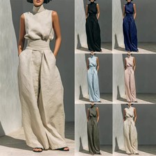 Women Linen Two Piece Set Mock Neck Sleeveless Top Wide Leg Pants Casual Outfit