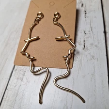 Goldtone Face Side Profile Dangle Earrings Silhouette Large Statement 4"