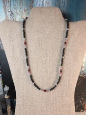 Beaded Necklace Black Grey Red Glass & Lava Beads Handmade 19 Inches Boho Hippie
