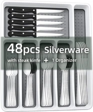 49-Piece Silverware Set with Organizer,  Stainless Steel Flatware Cutlery Set