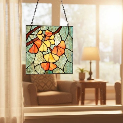 Sophisticated Ginkgo Leaf Stained Glass Panel for Home Interior Decoration